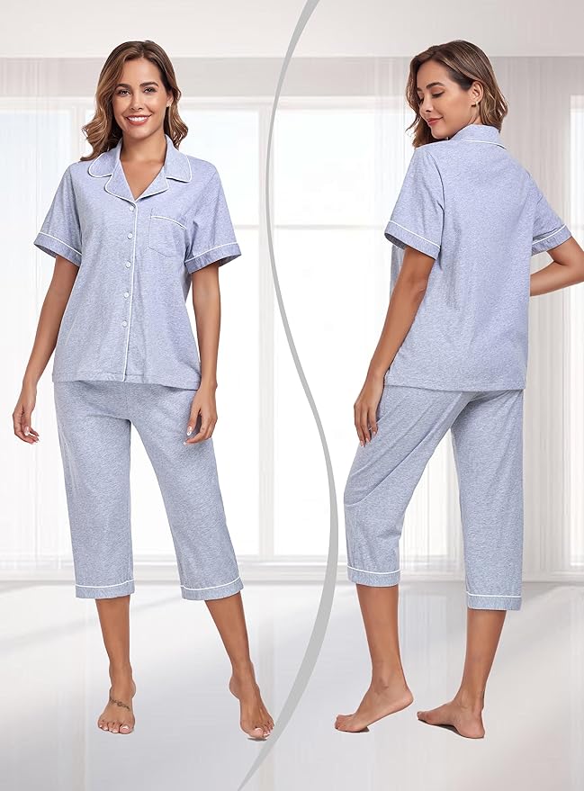 Women's 100% Cotton Capri Pajama Set - Short Sleeve - 2 Piece