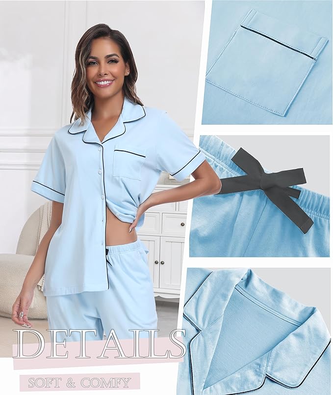 Women's 100% Cotton Pants Pajama Set - Short Sleeve - 2 Piece