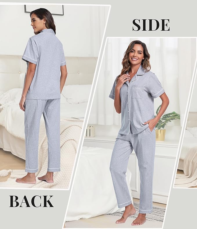 Women's 100% Cotton Pants Pajama Set - Short Sleeve - 2 Piece