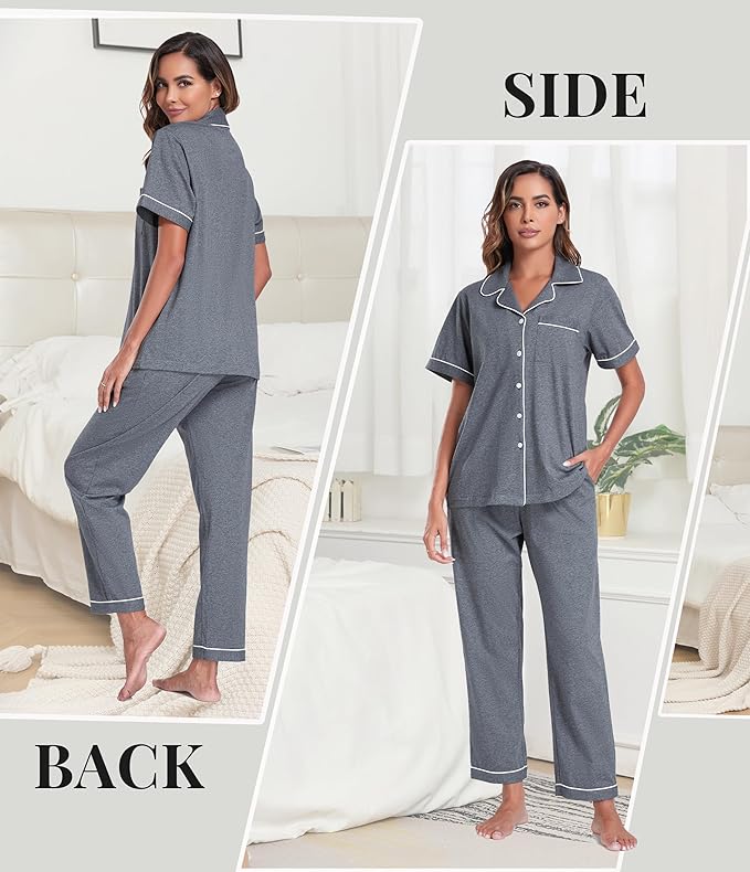 Women's 100% Cotton Pants Pajama Set - Short Sleeve - 2 Piece