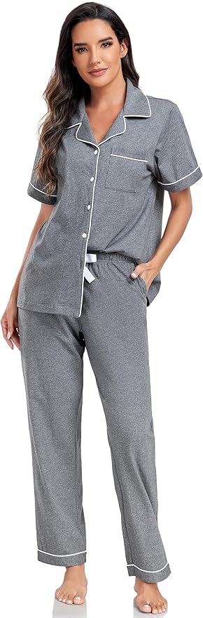 Women's 100% Cotton Pants Pajama Set - Short Sleeve - 2 Piece