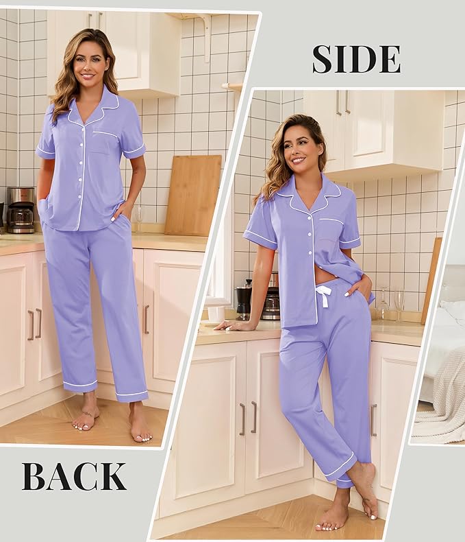 Women's 100% Cotton Pants Pajama Set - Short Sleeve - 2 Piece