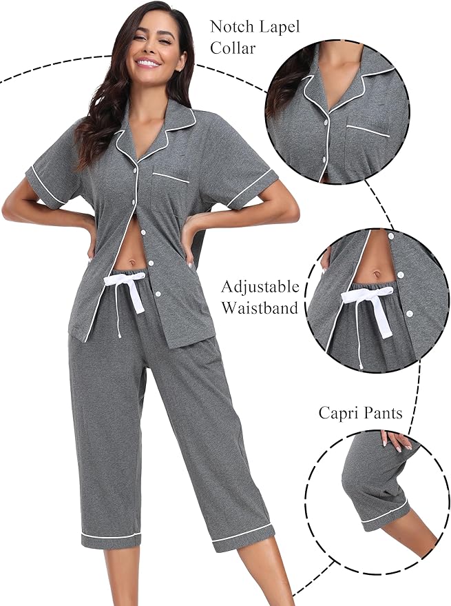 Women's 100% Cotton Capri Pajama Set - Short Sleeve - 2 Piece