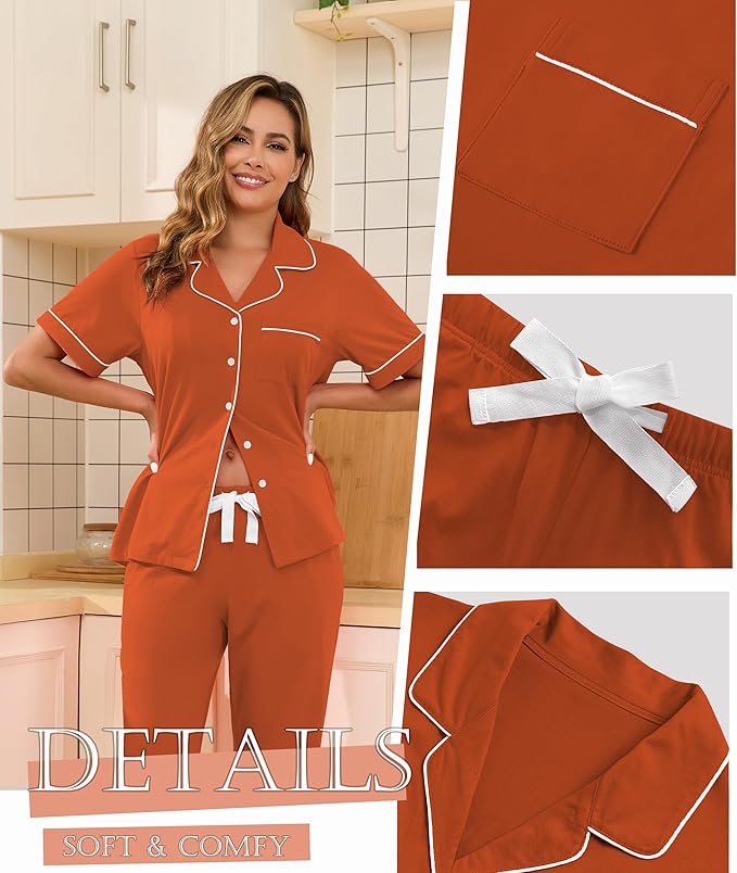 Women's 100% Cotton Pants Pajama Set - Short Sleeve - 2 Piece