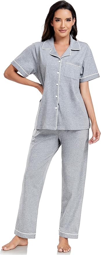 Women's 100% Cotton Pants Pajama Set - Short Sleeve - 2 Piece