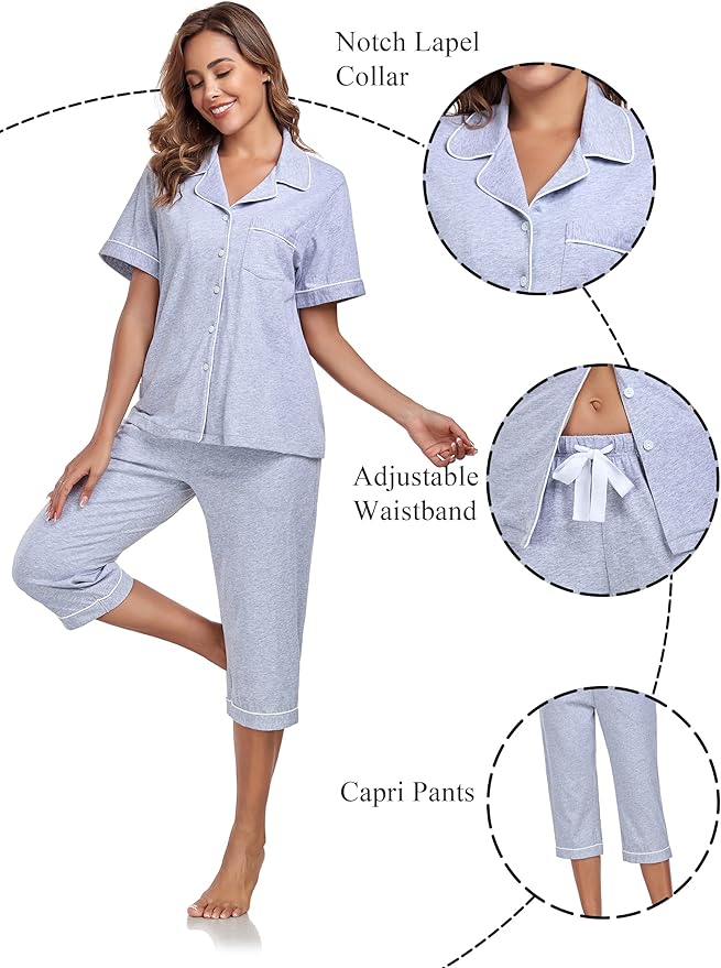 Women's 100% Cotton Capri Pajama Set - Short Sleeve - 2 Piece