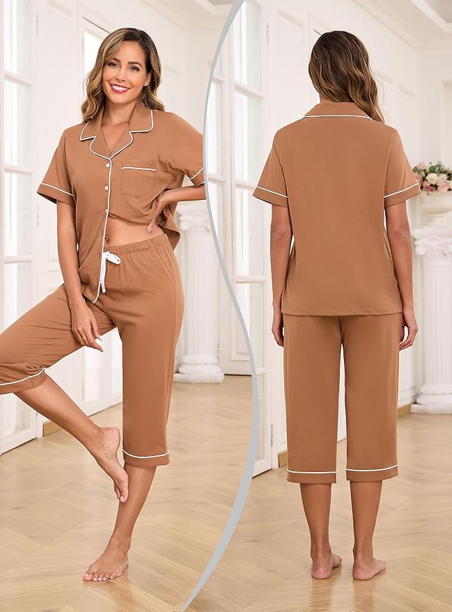 Women's 100% Cotton Capri Pajama Set - Short Sleeve - 2 Piece