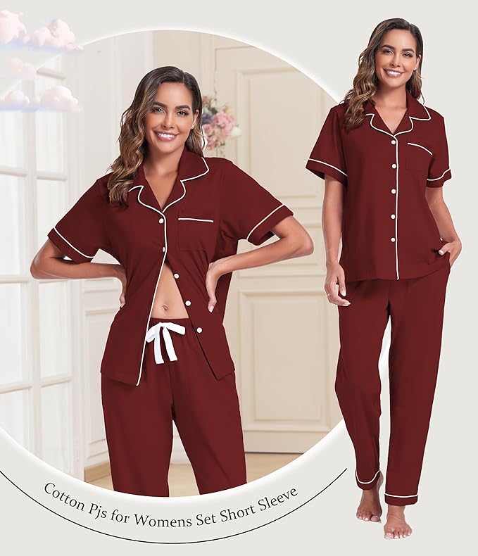 Women's 100% Cotton Pants Pajama Set - Short Sleeve - 2 Piece