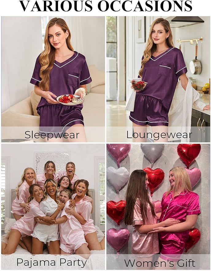 Women's Satin Pajama Set - Short Sleeve - 2 Piece