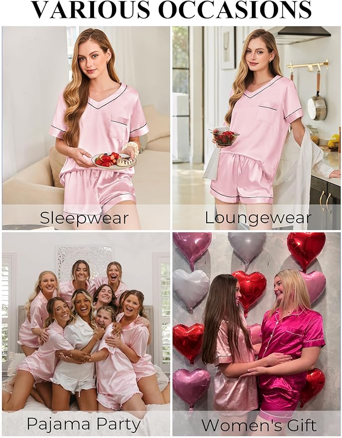 Women's Satin Pajama Set - Short Sleeve - 2 Piece