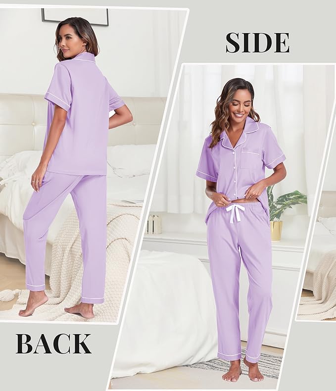 Women's 100% Cotton Pants Pajama Set - Short Sleeve - 2 Piece