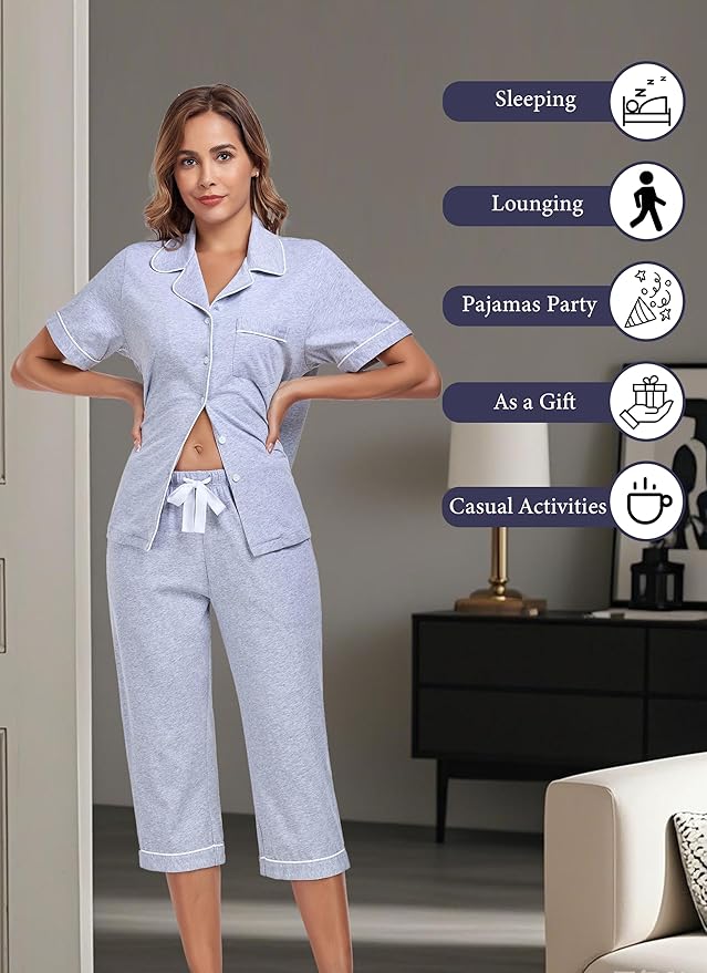 Women's 100% Cotton Capri Pajama Set - Short Sleeve - 2 Piece
