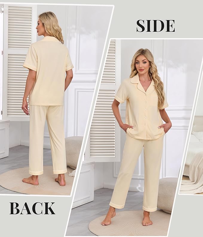 Women's 100% Cotton Pants Pajama Set - Short Sleeve - 2 Piece