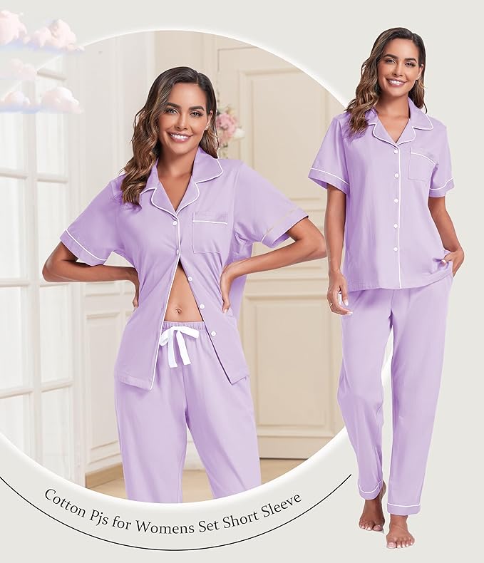 Women's 100% Cotton Pants Pajama Set - Short Sleeve - 2 Piece