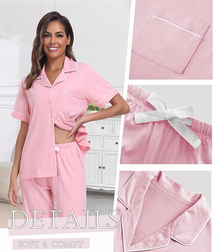 Women's 100% Cotton Pants Pajama Set - Short Sleeve - 2 Piece