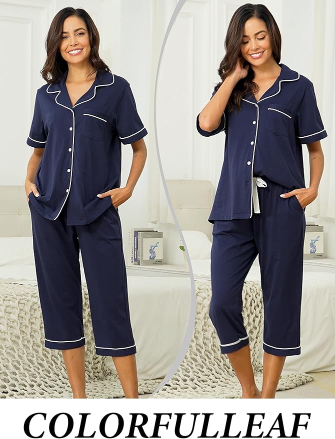 Women's 100% Cotton Capri Pajama Set - Short Sleeve - 2 Piece