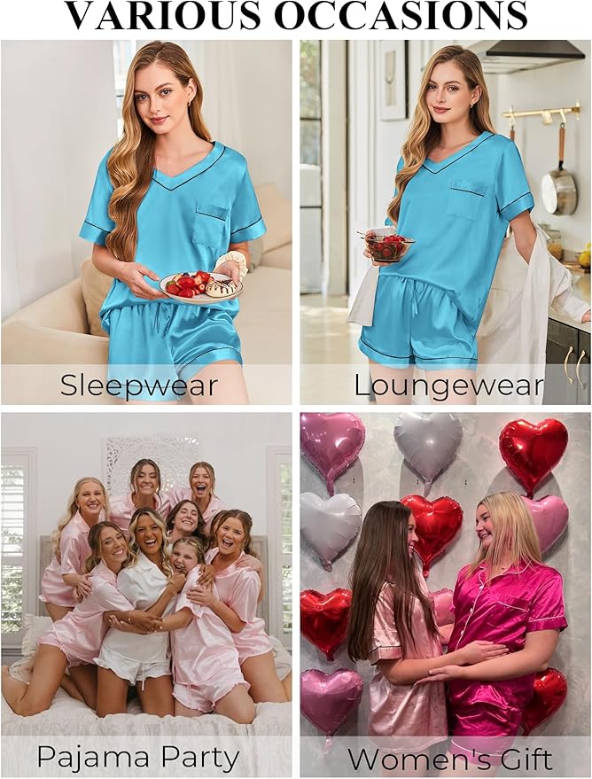 Women's Satin Pajama Set - Short Sleeve - 2 Piece