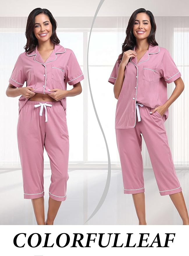 Women's 100% Cotton Capri Pajama Set - Short Sleeve - 2 Piece