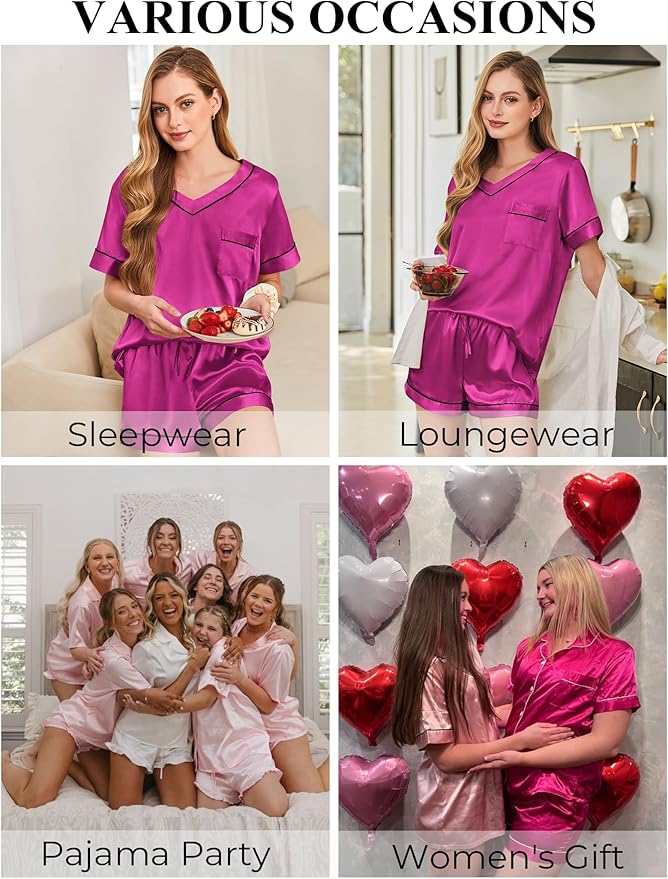 Women's Satin Pajama Set - Short Sleeve - 2 Piece