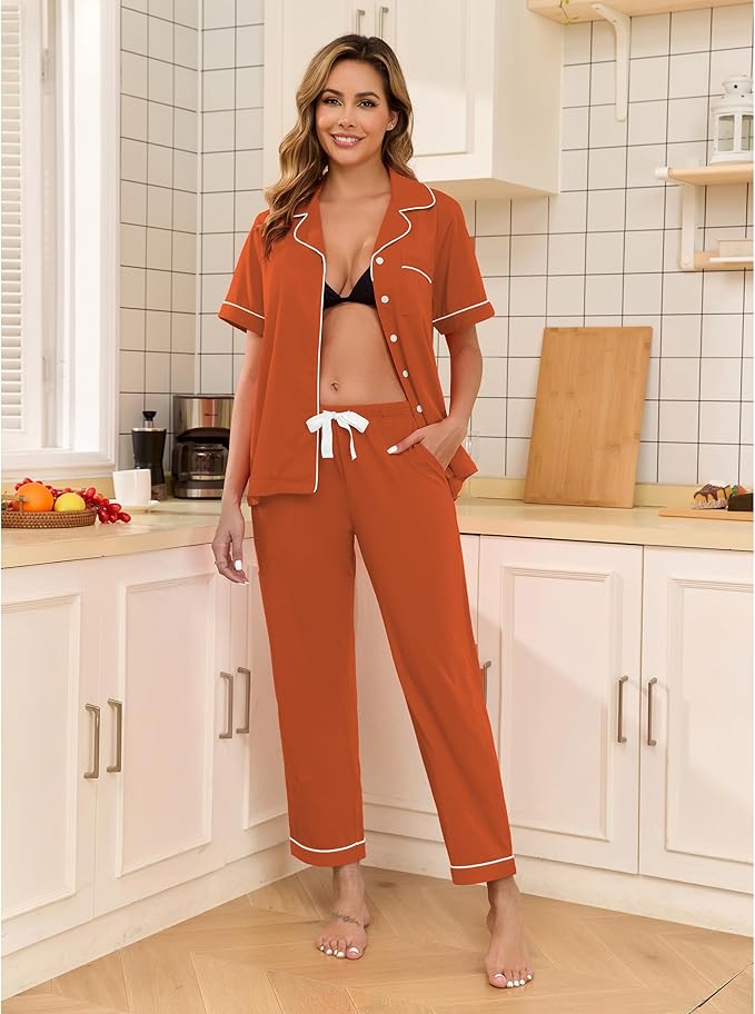 Women's 100% Cotton Pants Pajama Set - Short Sleeve - 2 Piece