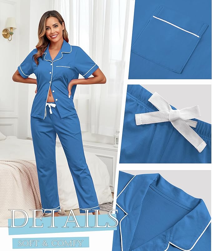 Women's 100% Cotton Pants Pajama Set - Short Sleeve - 2 Piece
