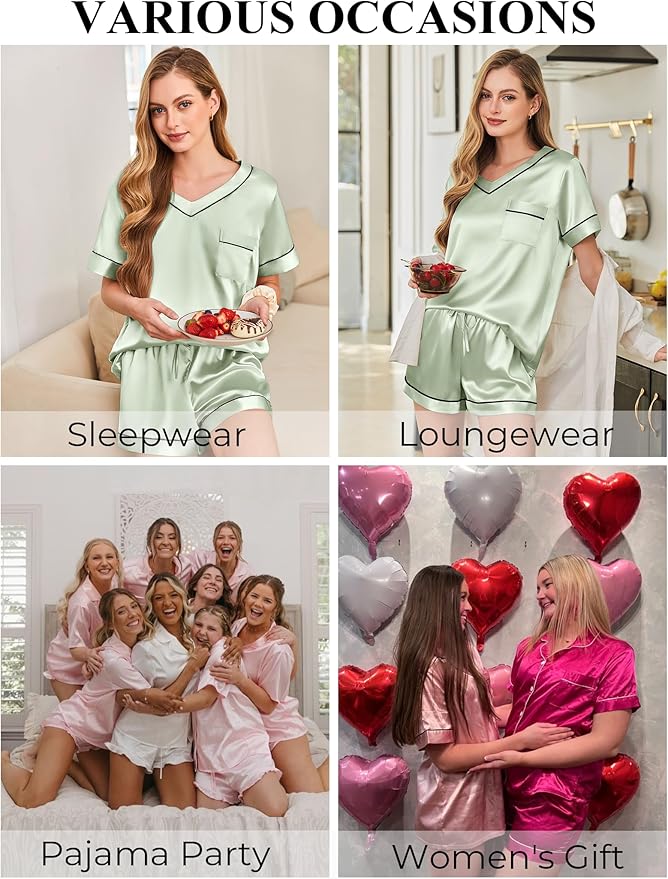 Women's Satin Pajama Set - Short Sleeve - 2 Piece