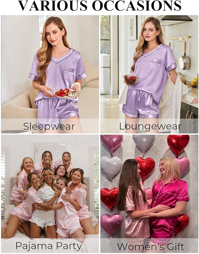Women's Satin Pajama Set - Short Sleeve - 2 Piece