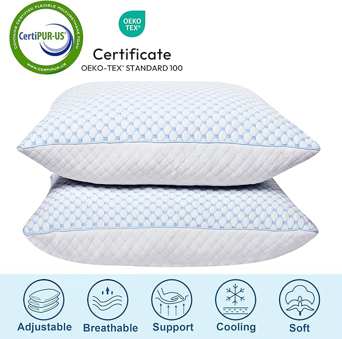 Memory Foam Cooling Bed Pillow - Queen - 2 Pack