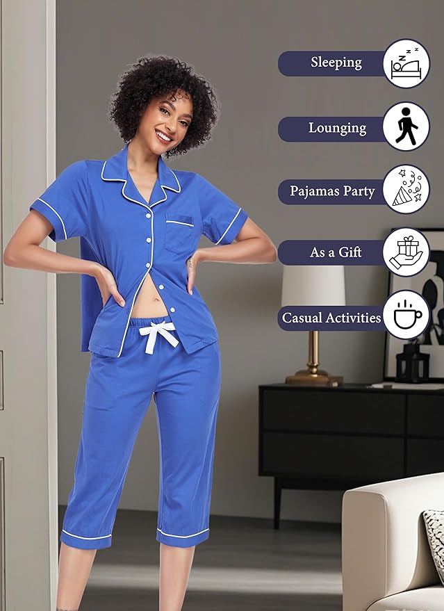 Women's 100% Cotton Capri Pajama Set - Short Sleeve - 2 Piece