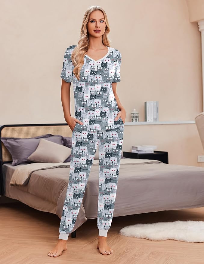 Women's Pants Pajama Set - Short Sleeve - 2 Piece