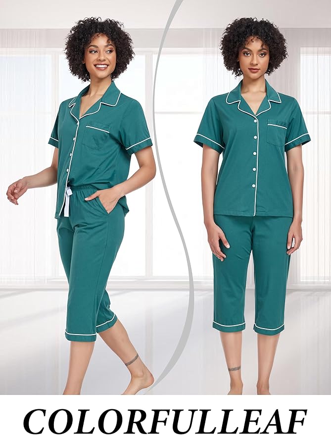 Women's 100% Cotton Capri Pajama Set - Short Sleeve - 2 Piece