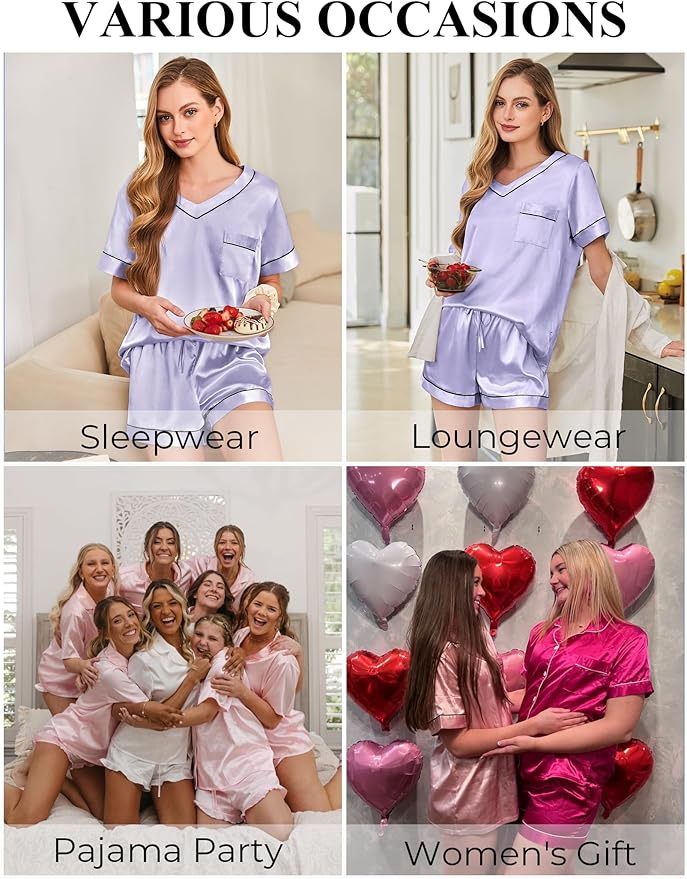 Women's Satin Pajama Set - Short Sleeve - 2 Piece