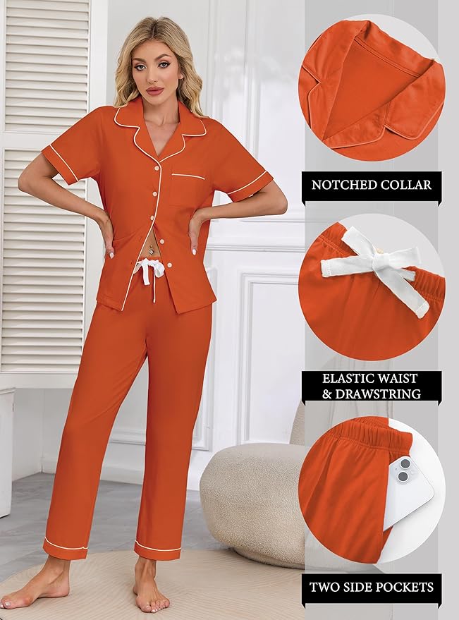 Women's 100% Cotton Pants Pajama Set - Short Sleeve - 2 Piece
