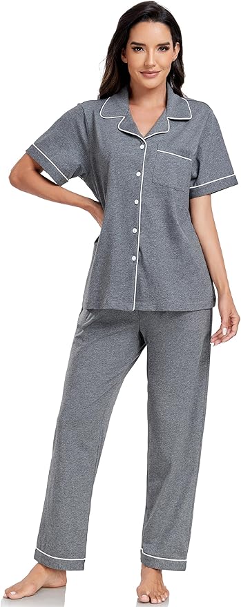 Women's 100% Cotton Pants Pajama Set - Short Sleeve - 2 Piece
