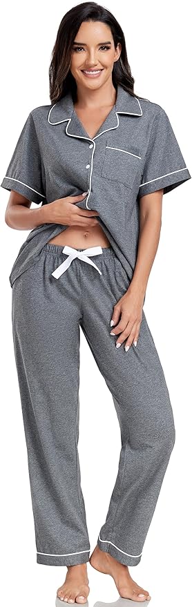 Women's 100% Cotton Pants Pajama Set - Short Sleeve - 2 Piece
