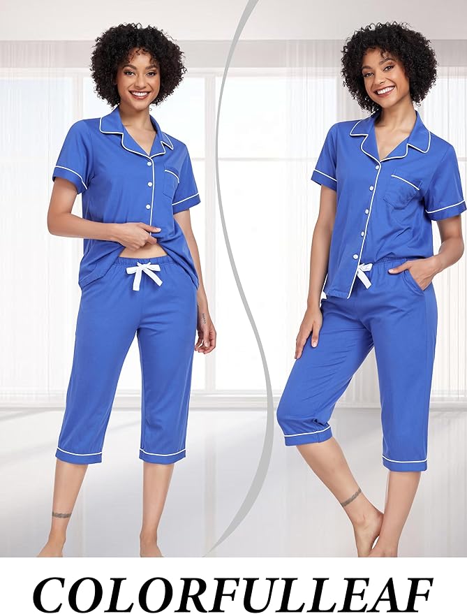Women's 100% Cotton Capri Pajama Set - Short Sleeve - 2 Piece