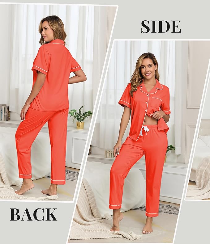 Women's 100% Cotton Pants Pajama Set - Short Sleeve - 2 Piece