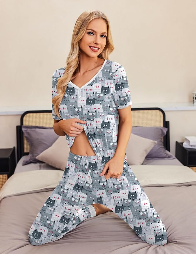 Women's Pants Pajama Set - Short Sleeve - 2 Piece
