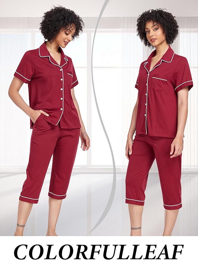 Women's 100% Cotton Capri Pajama Set - Short Sleeve - 2 Piece