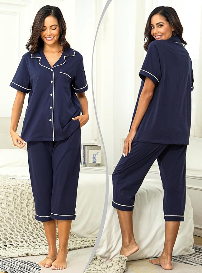 Women's 100% Cotton Capri Pajama Set - Short Sleeve - 2 Piece