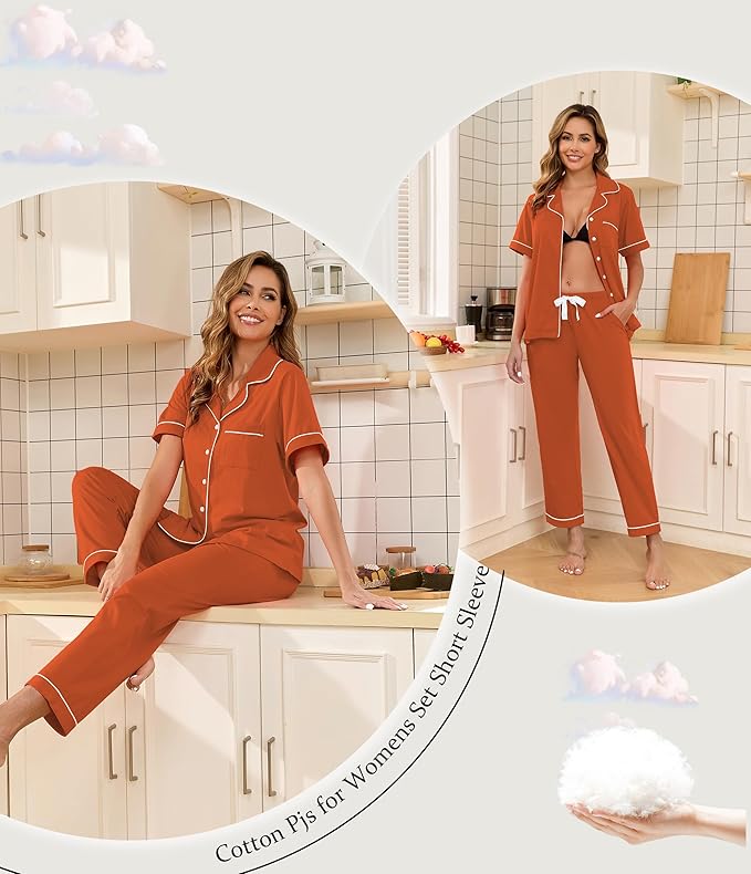 Women's 100% Cotton Pants Pajama Set - Short Sleeve - 2 Piece
