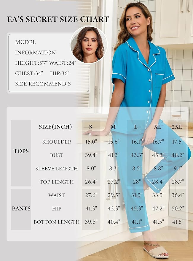 Women's 100% Cotton Pants Pajama Set - Short Sleeve - 2 Piece