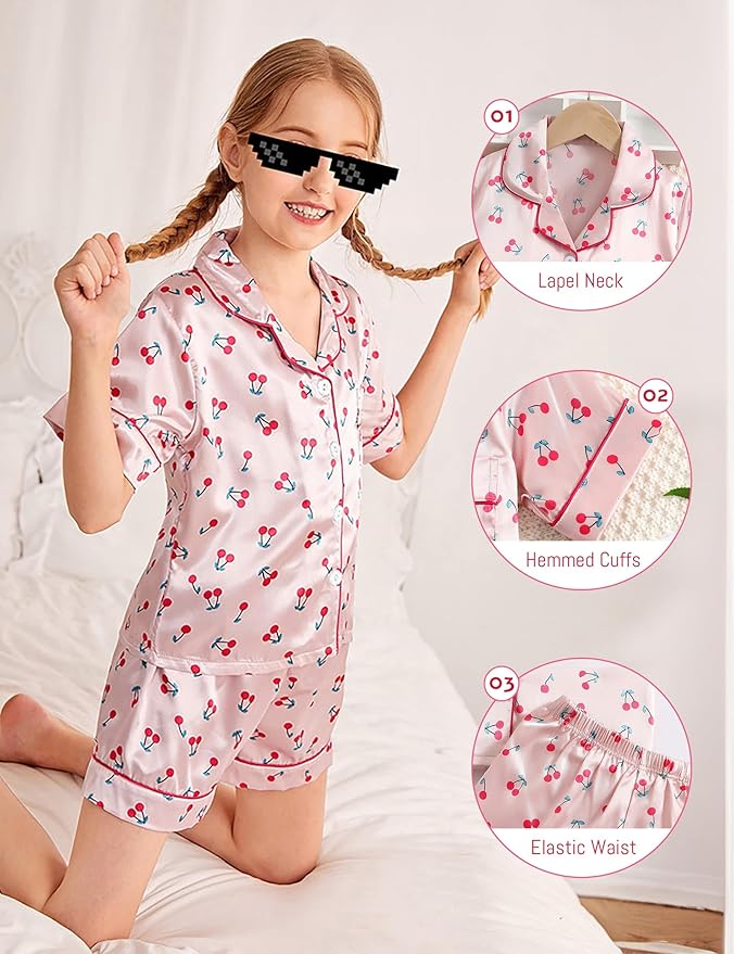 Satin Pajama Set - Short Sleeve - 2 Piece