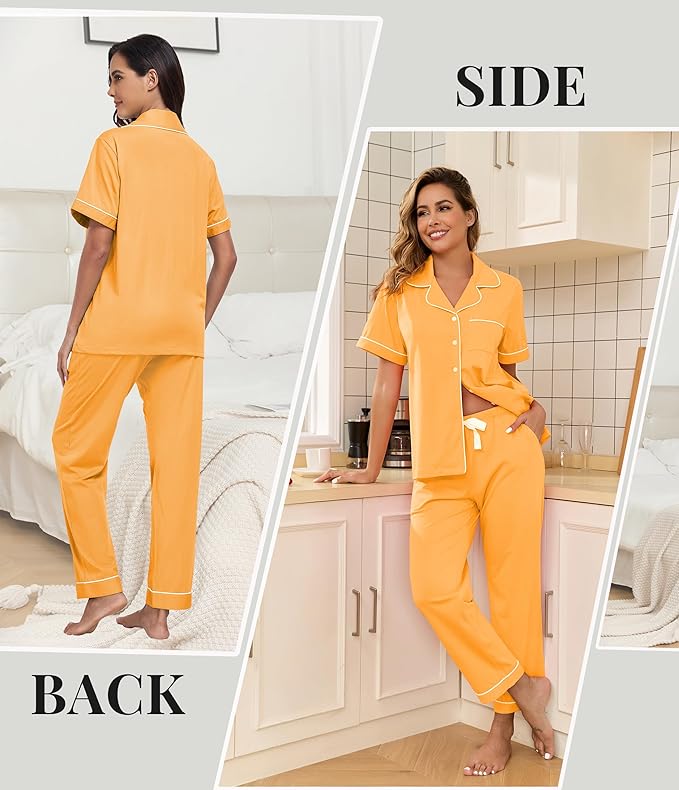 Women's 100% Cotton Pants Pajama Set - Short Sleeve - 2 Piece