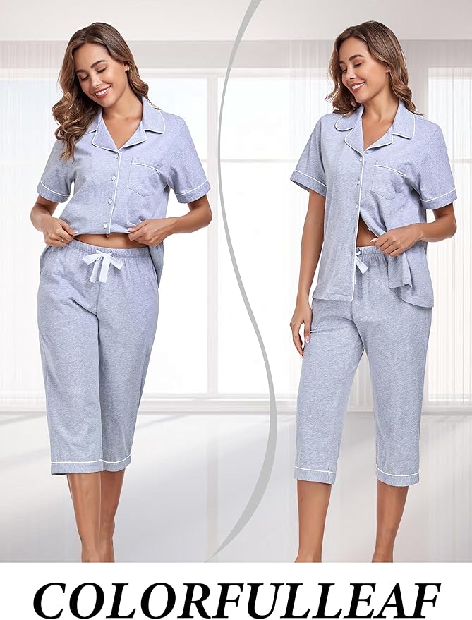 Women's 100% Cotton Capri Pajama Set - Short Sleeve - 2 Piece