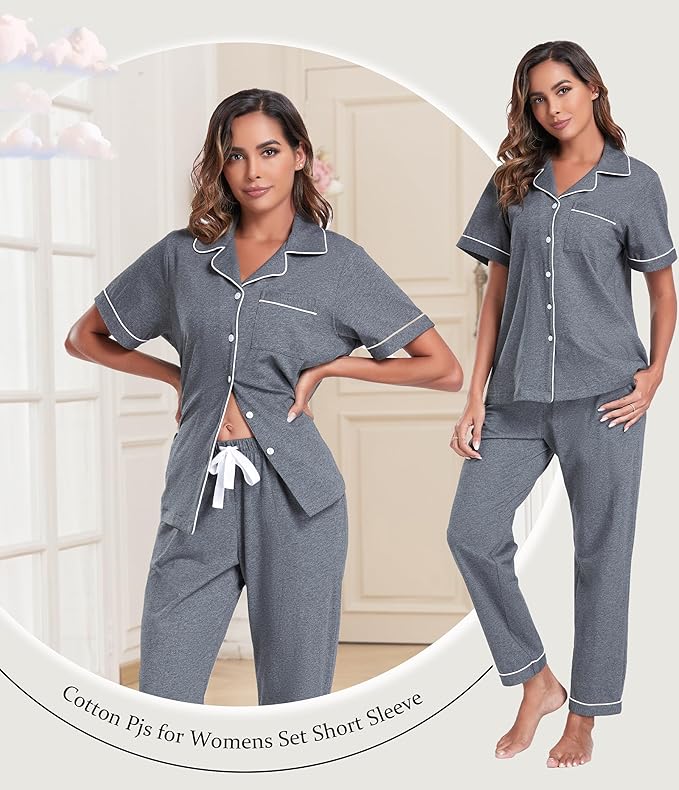 Women's 100% Cotton Pants Pajama Set - Short Sleeve - 2 Piece