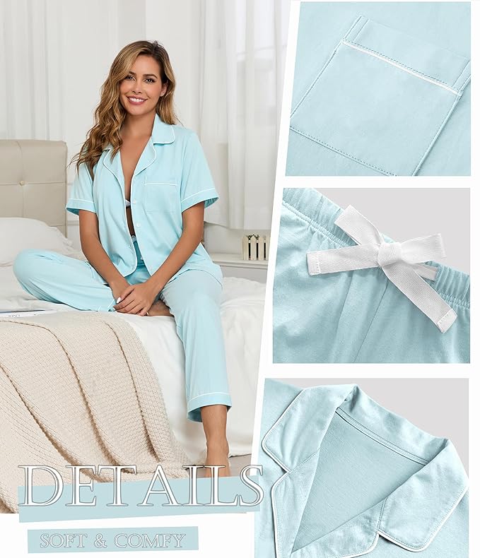 Women's 100% Cotton Pants Pajama Set - Short Sleeve - 2 Piece