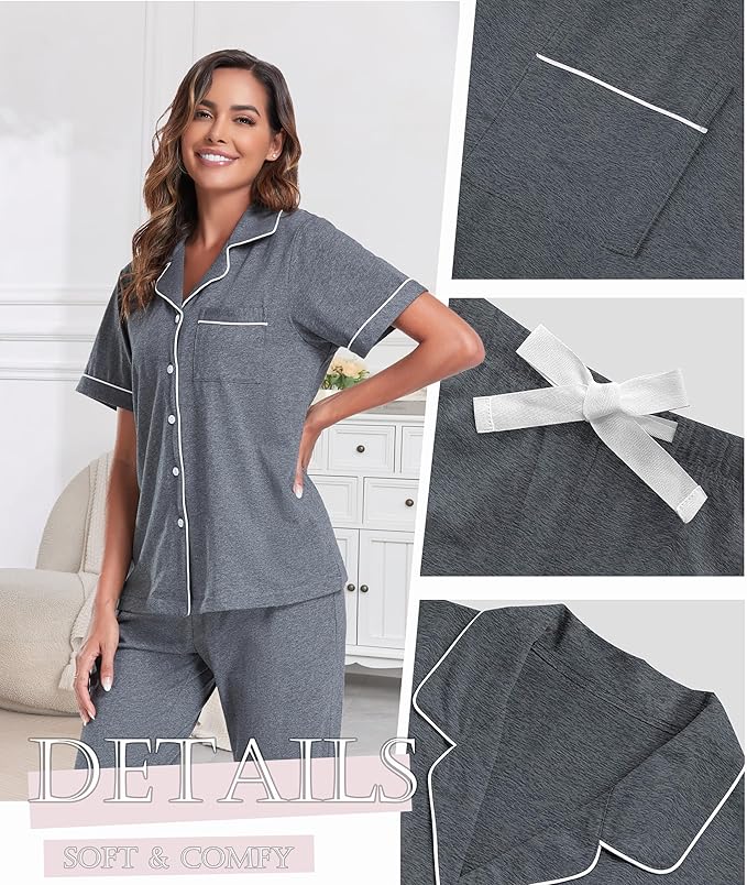 Women's 100% Cotton Pants Pajama Set - Short Sleeve - 2 Piece
