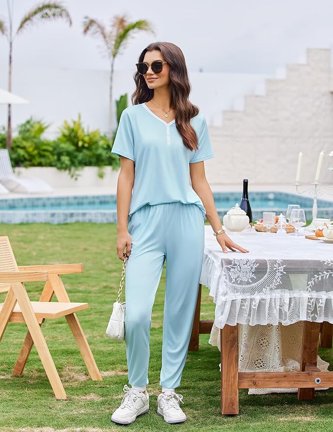 Women's Pants Pajama Set - Short Sleeve - 2 Piece