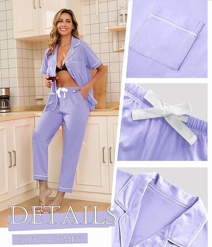 Women's 100% Cotton Pants Pajama Set - Short Sleeve - 2 Piece